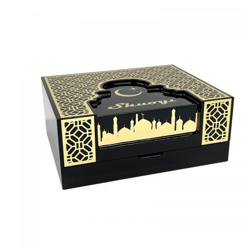 High Quality Customized Black velvet perfume bottle double packaging silk gold lock wooden perfume box
